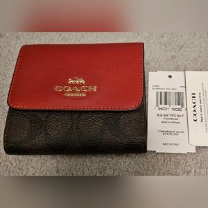 Coach Women's Brown & Red Small Trifold Wallet In Blocked Signature Canvas
